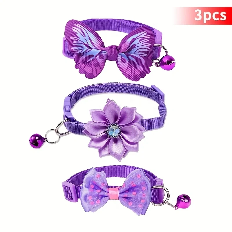 3pcs Floral Cat Collars with Adjustable Bell Bow Tie Decor Pink Cute Playful Polyester Pet Collars for Small Dogs Cats