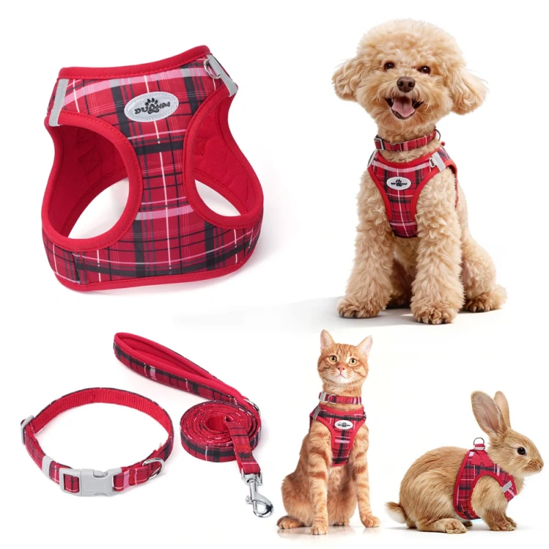 Classic Plaid Three-Piece Dog & Cat Traction Rope Vest with Anti-Stress Design