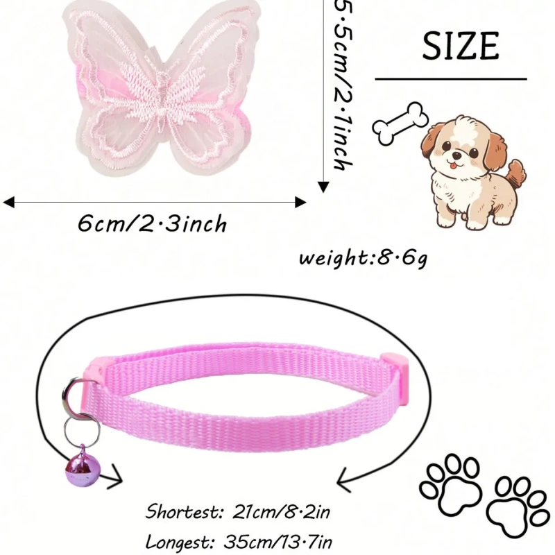 Adjustable Small Butterfly Necklace Ring for Cats Dogs Cute Polyester Chain Ribbon Accents Cat Dog Collar Pet Accessory