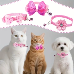 3pcs Floral Cat Collars with Adjustable Bell Bow Tie Decor Pink Cute Playful Polyester Pet Collars for Small Dogs Cats