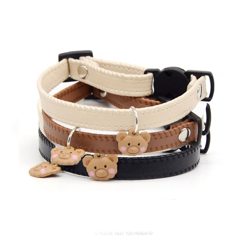 1Pc Cute Leather Adjustable Pet Collar with Bear Tag Pet Dog Cat Lead Ring Pet Accessories Kitten Puppy Anti-loss Safety Buckle