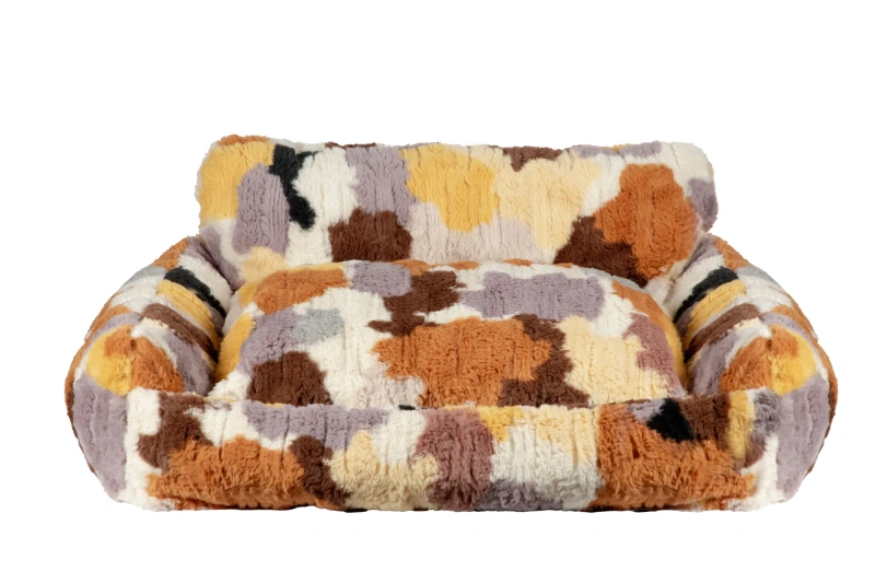 Faux Rabbit Fur Pet Bed, Geometric Print Flannel Cat Dog Cushion, Soft Warm Winter Nest for Small/Medium Dogs & Cats