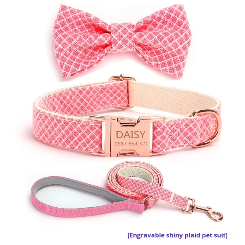 Personalized Engravable Luxury Polyester Pet Collar Set | Pink Plaid Bow Tie & Leash with Custom Name/Logo Shiny Design