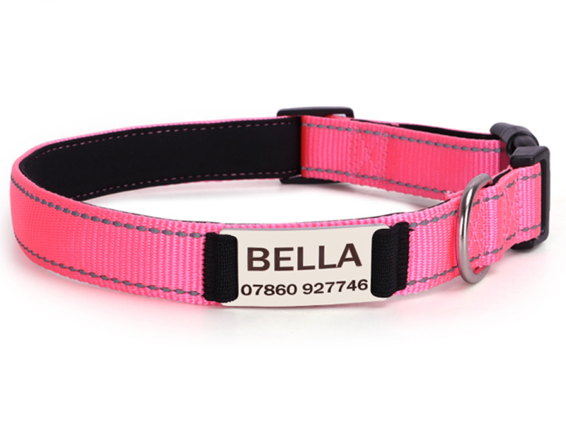 Reflective Nylon Dog Collar Adjustable Engraved Name Plate Pet Dog Collar Personalized