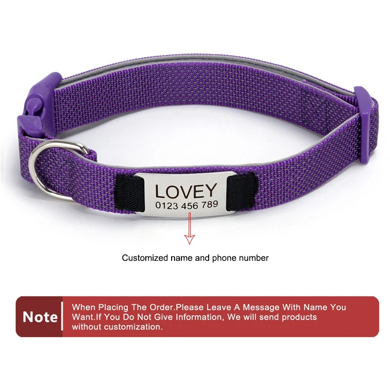 Personalized Dog Collar with Removable Engraved Tag Nylon Reflective Strap Solid Metal D-Ring Color Adjustable Buckle Pet collar