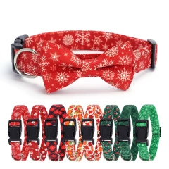 Halloween Christmas Plaid Pet Collar Plaid Snowflake Santa Claus Printed Bow Ties Buckle Closure Holiday Dog Collar Leash Set
