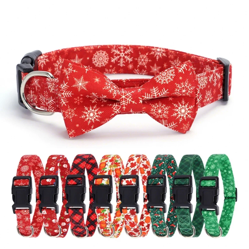 Halloween Christmas Plaid Pet Collar Plaid Snowflake Santa Claus Printed Bow Ties Buckle Closure Holiday Dog Collar Leash Set