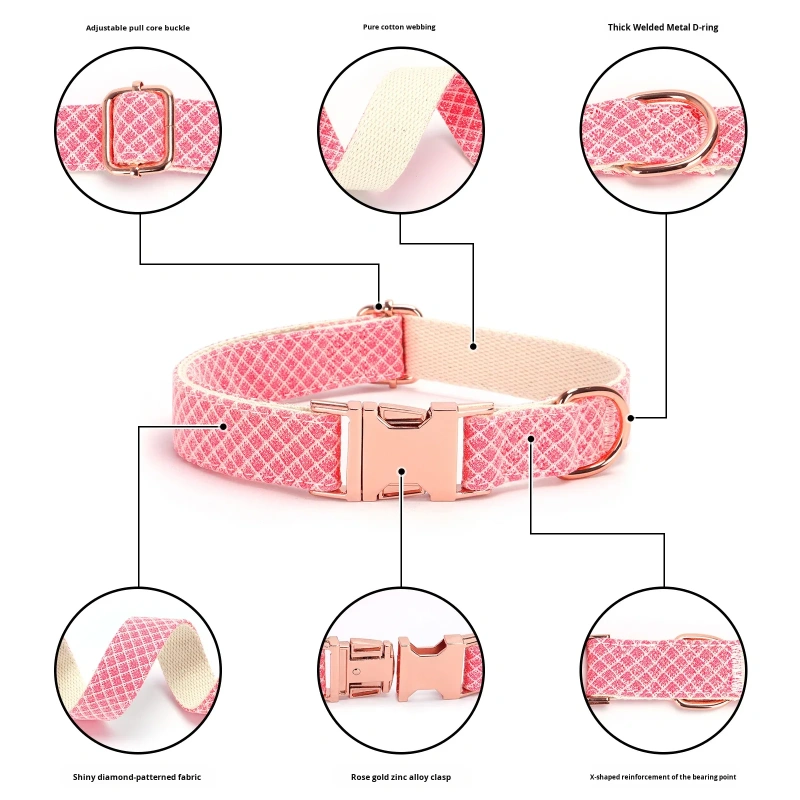 Personalized Engravable Luxury Polyester Pet Collar Set | Pink Plaid Bow Tie & Leash with Custom Name/Logo Shiny Design
