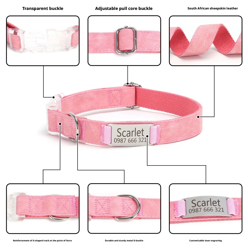 Engraved Cartoon Padded Soft Pet Collar with Ribbons Skin-Friendly Leather Transparent Buckle Anti-Slip Dog Collar Solid Pattern