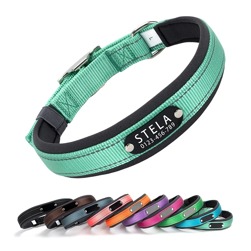 Reflective Dog Collar Personalized Pet Tag Collar Custom Puppy Cat Nameplate ID Collars Engraved Comfortable Diving cloth Padded