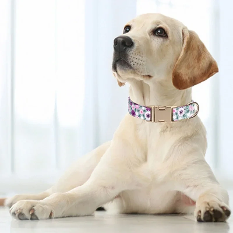 Personalized Dog Id Tag Collars Luxury Pet Necklace Floral Print Puppy Neck Strap Adjustable Cat Necklace Anti-Lost Dog Supplies