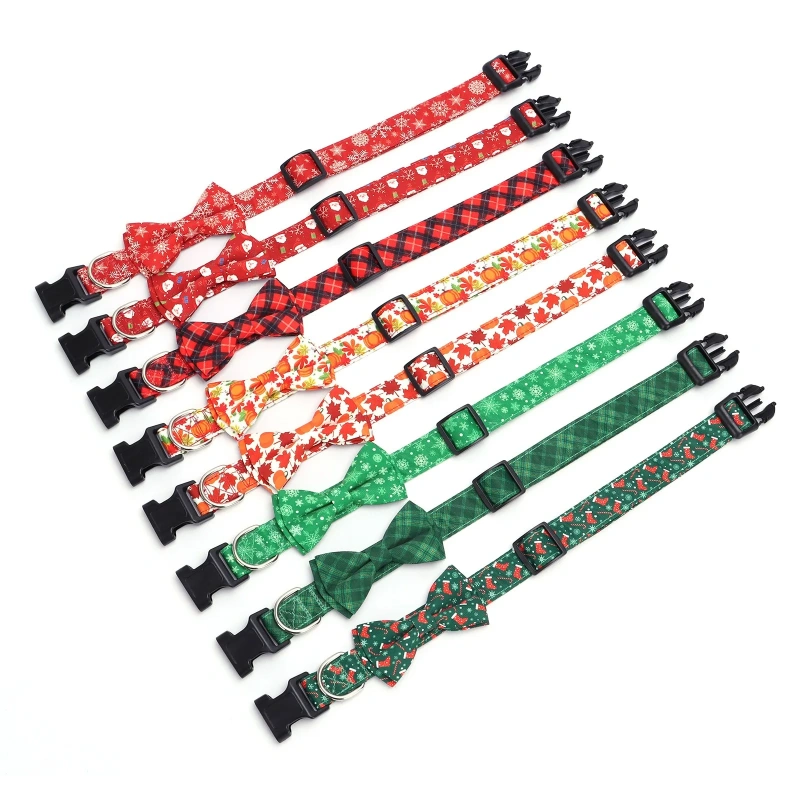 Halloween Christmas Plaid Pet Collar Plaid Snowflake Santa Claus Printed Bow Ties Buckle Closure Holiday Dog Collar Leash Set