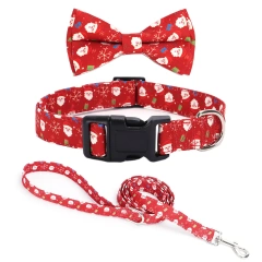 Halloween Christmas Plaid Pet Collar Plaid Snowflake Santa Claus Printed Bow Ties Buckle Closure Holiday Dog Collar Leash Set