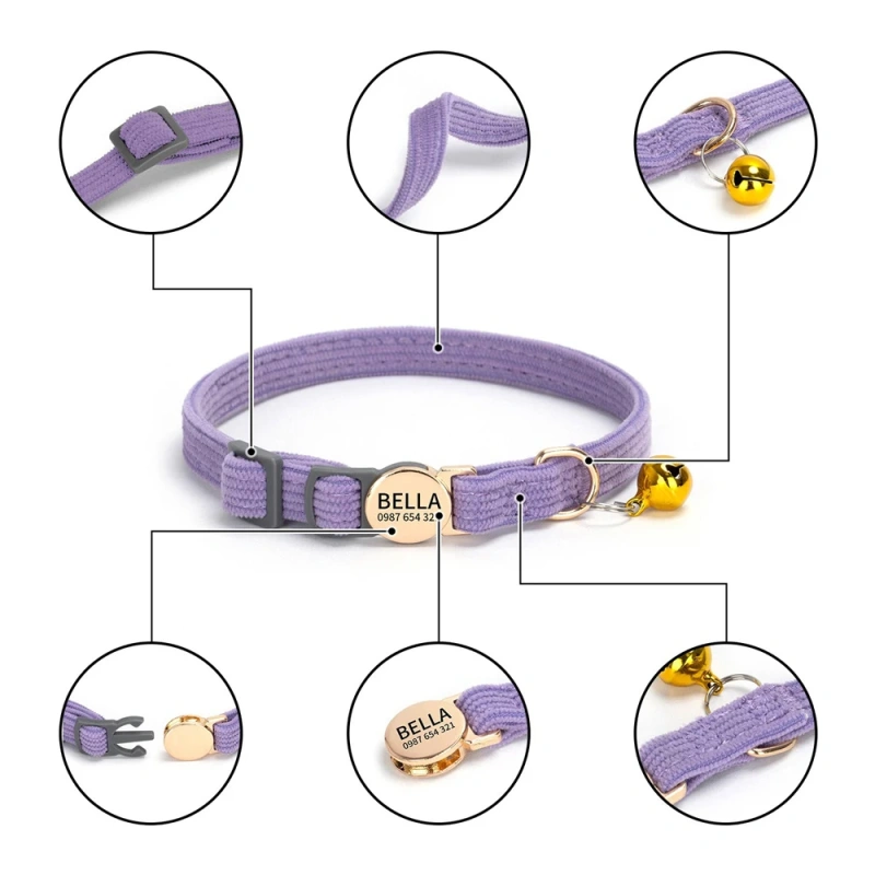 Personalized Engraved Cat Collar Adjustable Size Metal Buckle with Bell Custom Pet Name and Telephone Number