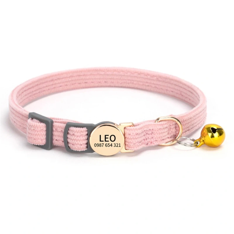 Personalized Engraved Cat Collar Adjustable Size Metal Buckle with Bell Custom Pet Name and Telephone Number