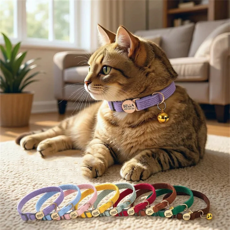Personalized Engraved Cat Collar Adjustable Size Metal Buckle with Bell