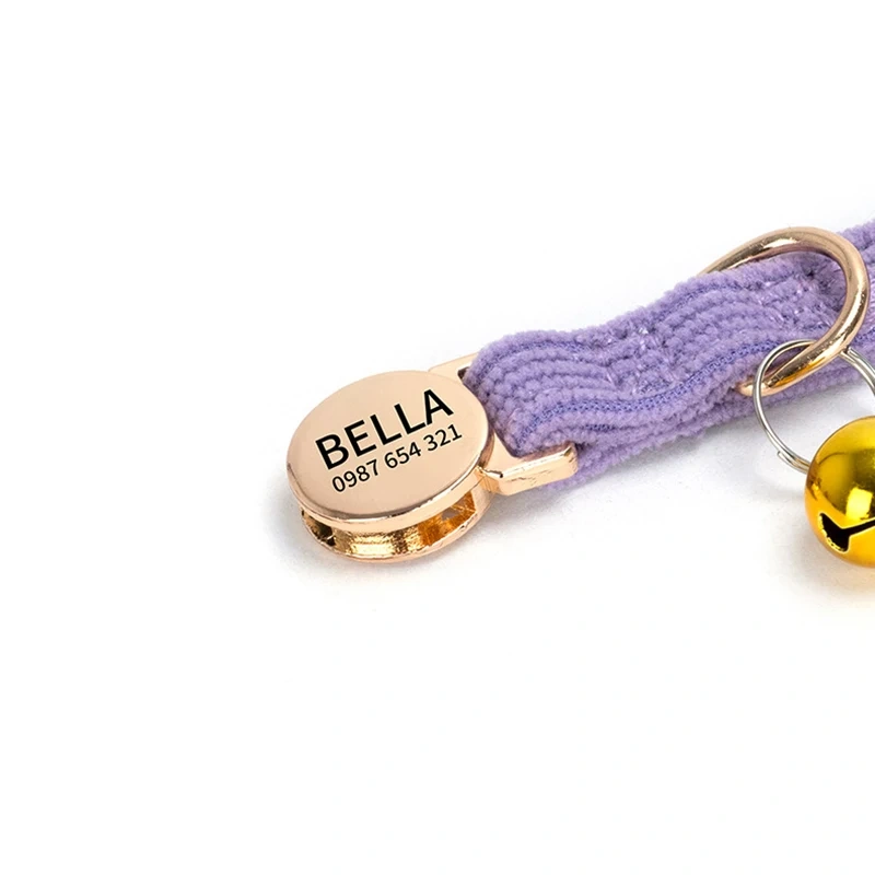 Personalized Engraved Cat Collar Adjustable Size Metal Buckle with Bell Custom Pet Name and Telephone Number