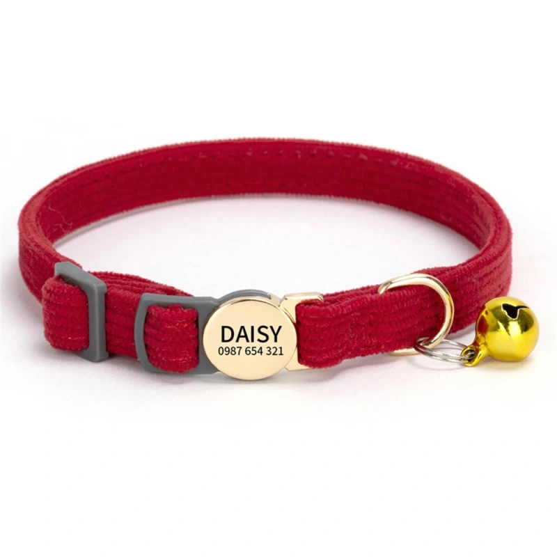 Personalized Engraved Cat Collar Adjustable Size Metal Buckle with Bell Custom Pet Name and Telephone Number