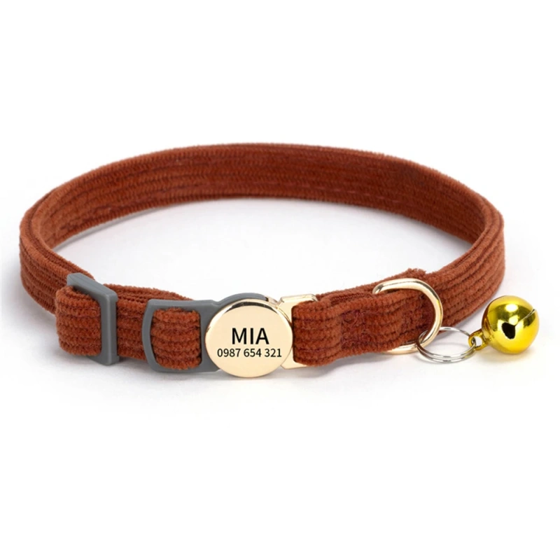 Personalized Engraved Cat Collar Adjustable Size Metal Buckle with Bell Custom Pet Name and Telephone Number