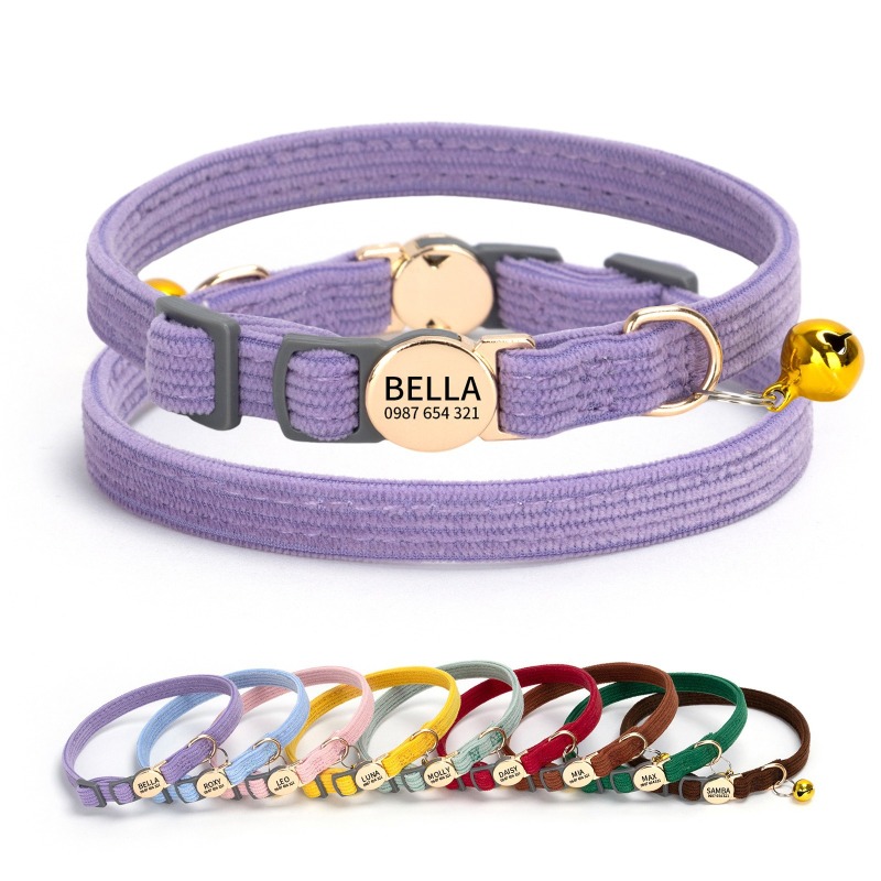 Personalized Engraved Cat Collar Adjustable Size Metal Buckle with Bell Custom Pet Name and Telephone Number