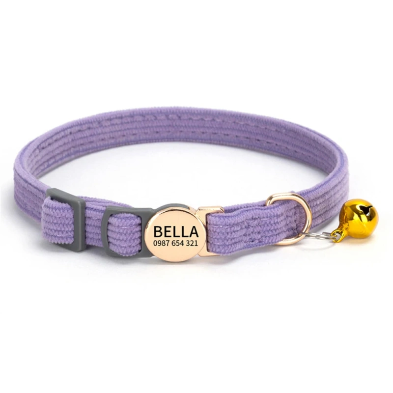 Personalized Engraved Cat Collar Adjustable Size Metal Buckle with Bell Custom Pet Name and Telephone Number