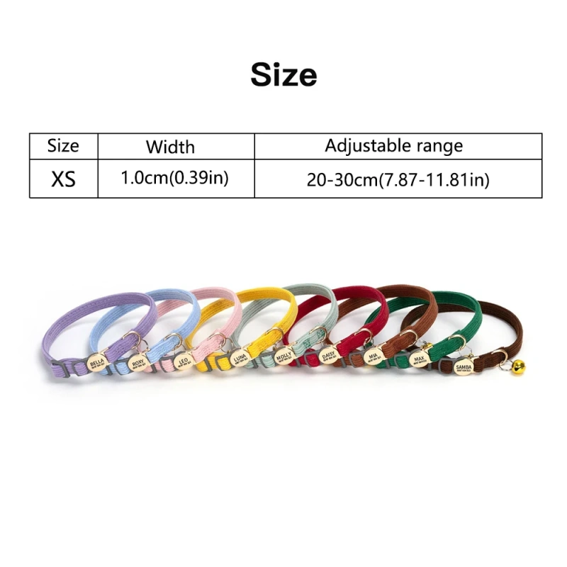 Personalized Engraved Cat Collar Adjustable Size Metal Buckle with Bell Custom Pet Name and Telephone Number