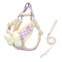 Cute Bow Plaid Dog Harness for Small Dogs Adjustable Vest Breathable No-Pull Pet Harness Leash Set Bichon Frise Shih Small Breed