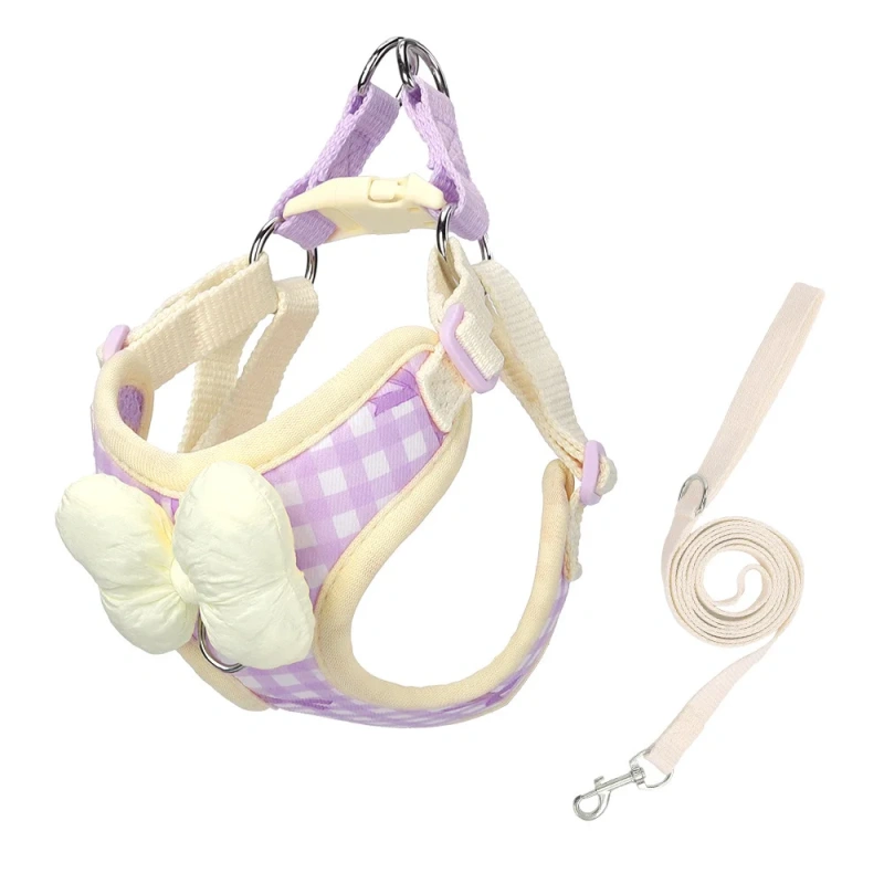 Cute Bow Plaid Dog Harness for Small Dogs Adjustable Vest Breathable No-Pull Pet Harness Leash Set Bichon Frise Shih Small Breed