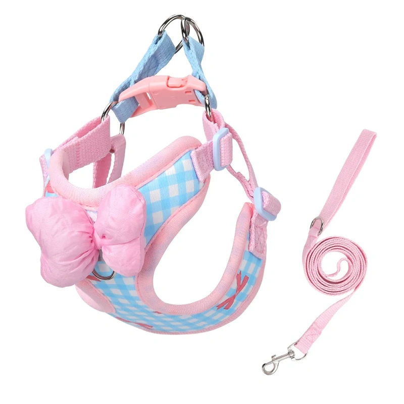 Cute Bow Plaid Dog Harness for Small Dogs Adjustable Vest Breathable No-Pull Pet Harness Leash Set Bichon Frise Shih Small Breed