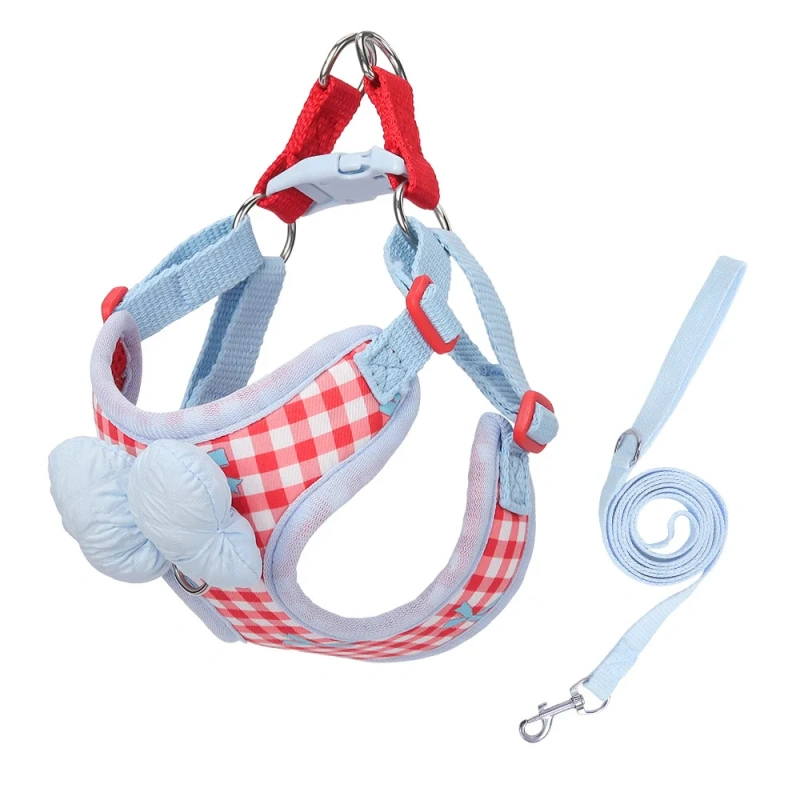Cute Bow Plaid Dog Harness for Small Dogs Adjustable Vest Breathable No-Pull Pet Harness Leash Set Bichon Frise Shih Small Breed