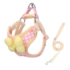 Cute Bow Plaid Dog Harness for Small Dogs Adjustable Vest Breathable No-Pull Pet Harness Leash Set Bichon Frise Shih Small Breed