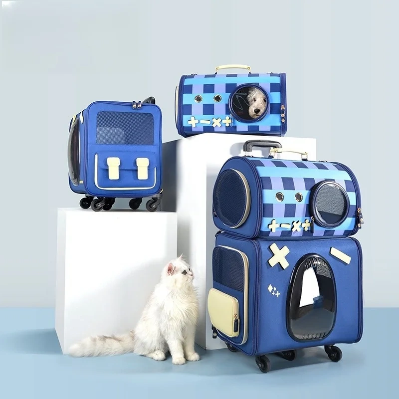 Hot Seller Dual-Layer Rolling Backpack Silent Swivel Wheels Large Capacity Multi-Functional Carrier Telescopic Handle for Cats