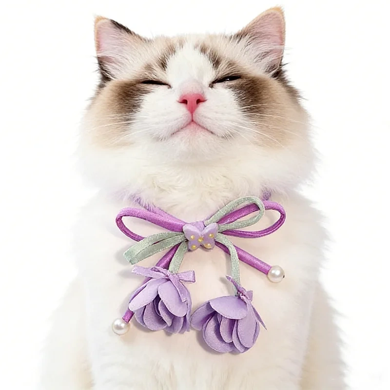 Cat bow flower bud adjustable collar pet pearl decoration neck ring blue yellow pink Purple 15-38cm Neck Size cat accessories