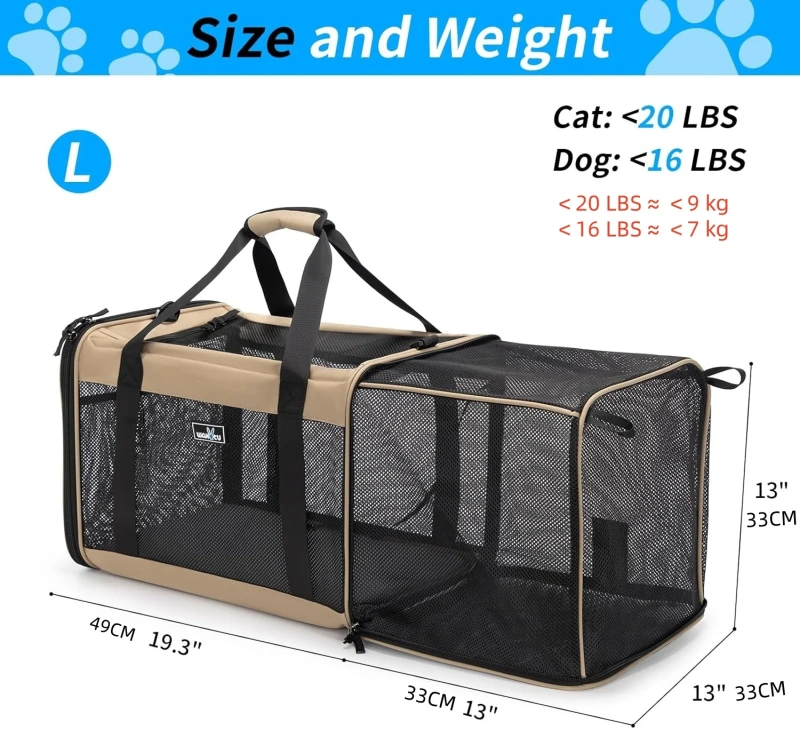Airline Approved Expandable Pet Carrier for Small Cats, Collapsible Travel Bag with 600D Oxford, Safety Lock Zipper,S