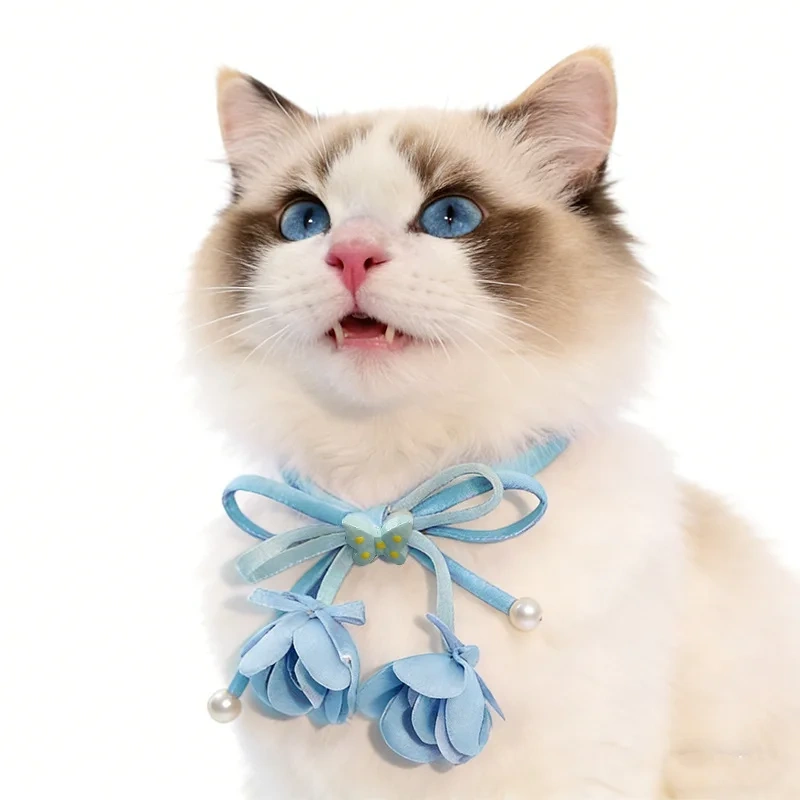 Cat bow flower bud adjustable collar pet pearl decoration neck ring blue yellow pink Purple 15-38cm Neck Size cat accessories