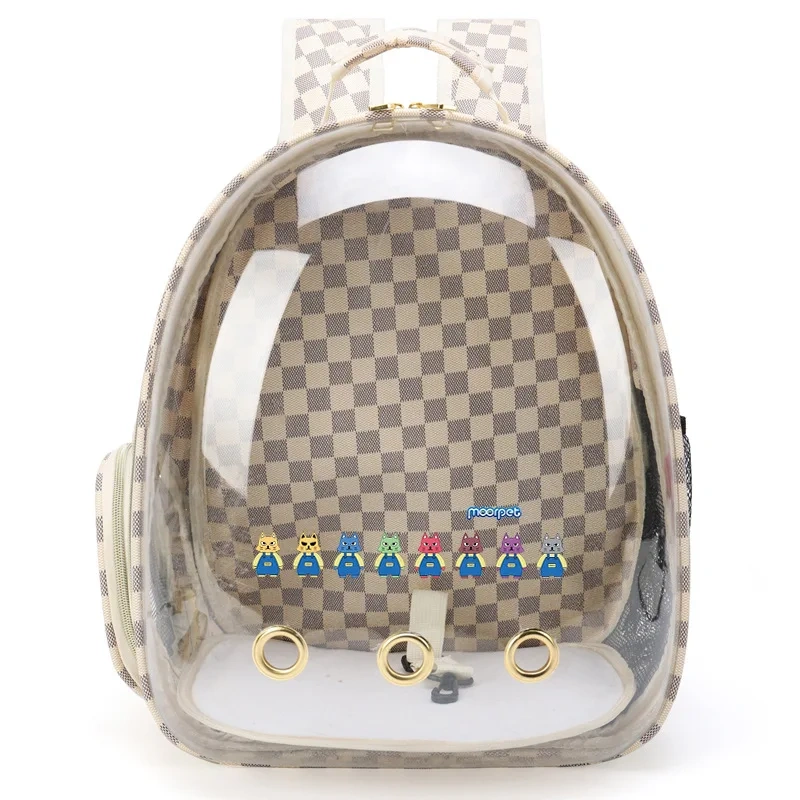 Cat bag outdoor double-shoulder backpack Portable dog transparent bag Universal waterproof breathable pet travel case Checkered