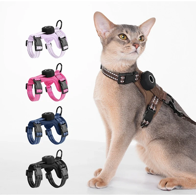 Escape-Proof Cat Harness with AirTag Holder Lightweight Reflective Adjustable Kitten Vest Harness for Outdoor Walking Active Cat