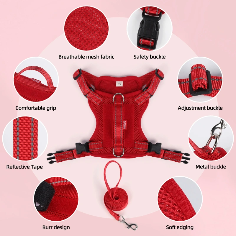 2026 Fashion Solid Cat Dog Harness Set Reflective Nylon Mesh Pet Gear Lightweight Breathable Harness