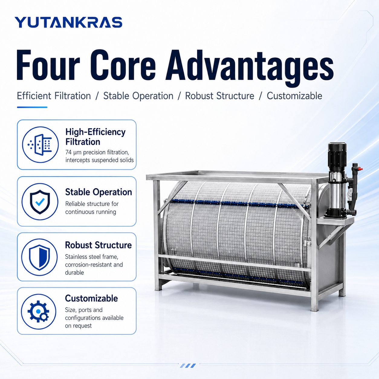 RAS用ステンレス製ドラム型マイクロフィルター | YUTANK,ユタンク,RAS用ステンレス製ドラム型マイクロフィルター | YUTANK
