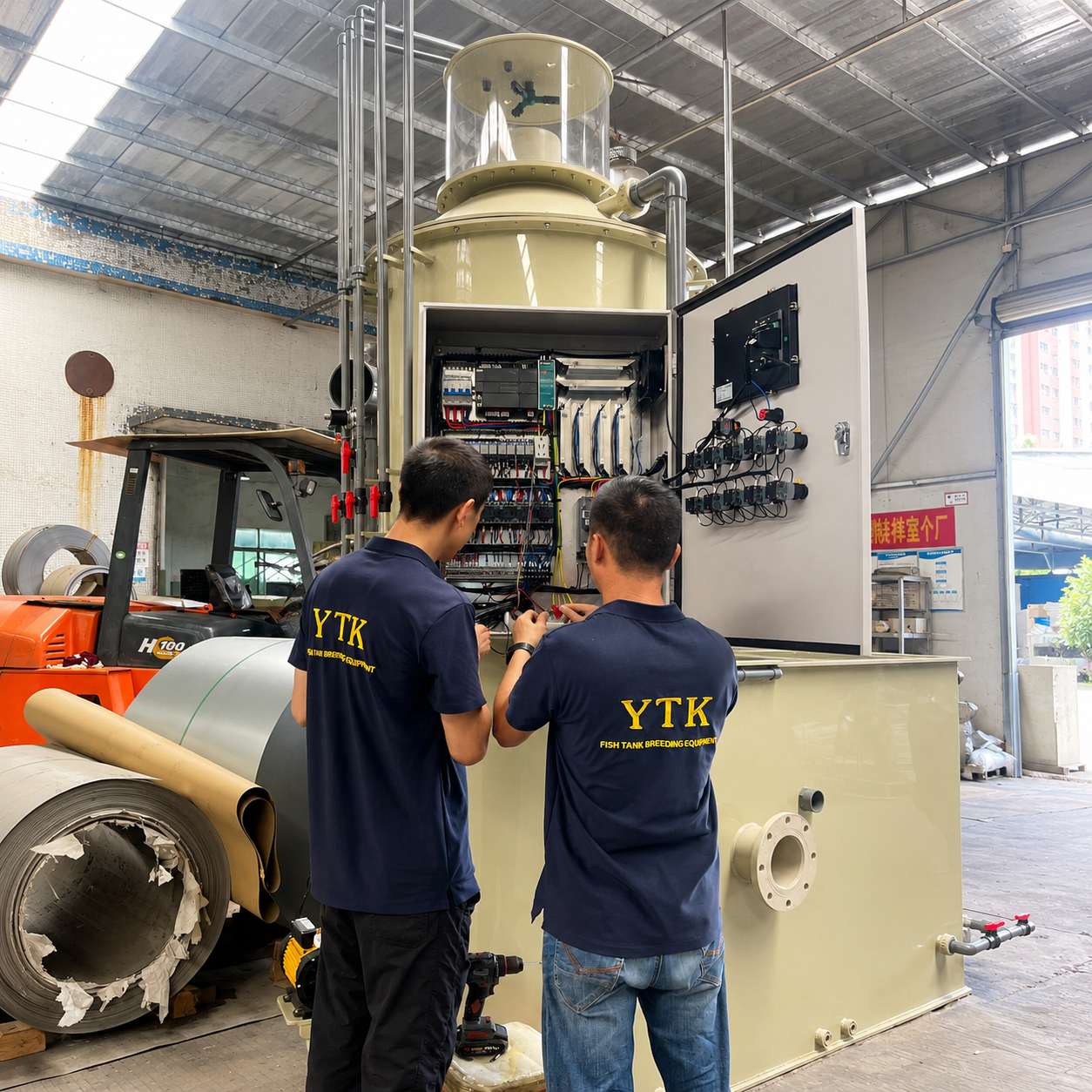 Hệ thống nuôi trồng thủy sản tuần hoàn RAS tích hợp | Hệ thống nuôi cá trọn gói | Bộ lọc sinh học dạng hộp | Bộ lọc trống | Hệ thống nuôi trồng thủy sản tuần hoàn,YUTANK,Hệ thống nuôi trồng thủy sản RAS tích hợp trọn gói | Hệ thống xử lý nước nuôi cá kết hợp máy tách protein, lọc sinh học và lọc trống | YUTANK