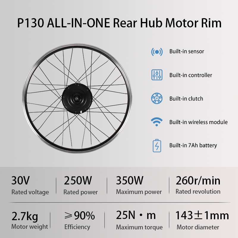 P130 ALL-IN-ONE Rear Rim Ebike Conversion Kit, 30V Electric Bike Conversion Kit Built-in 7Ah Battery