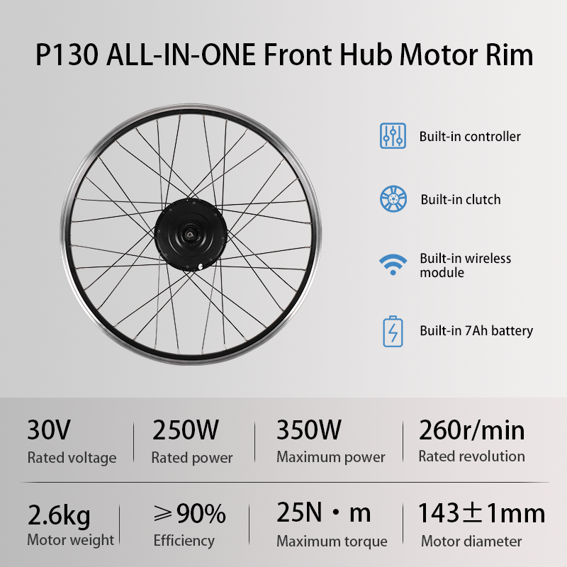 P130 ALL-IN-ONE Front Rim Ebike Conversion Kit, 30V Electric Bike Conversion Kit Built-in 7Ah Battery
