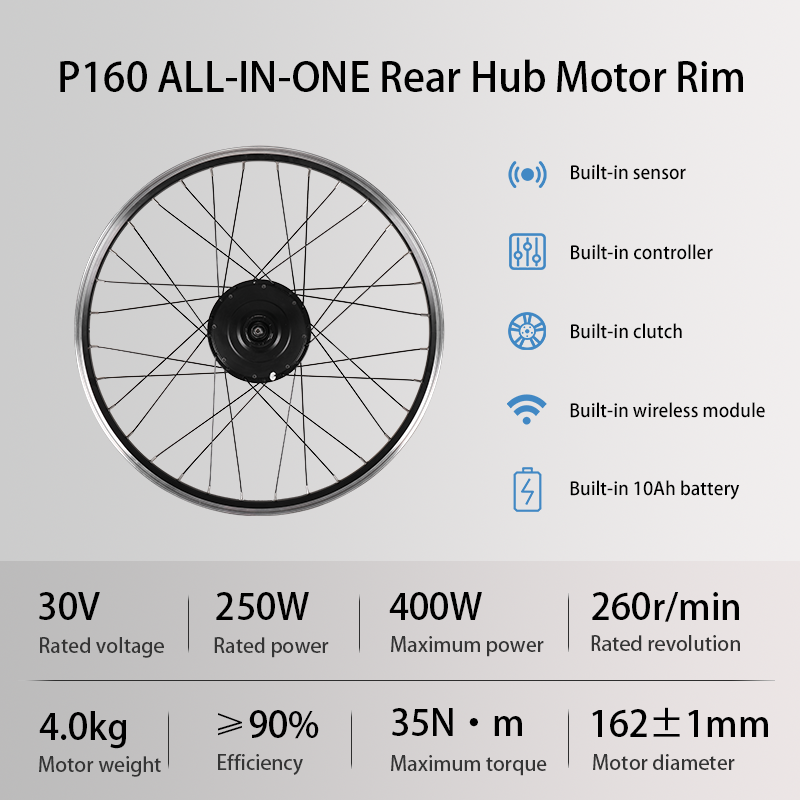 P160 ALL-IN-ONE Rear Rim Ebike Conversion Kit, 30V Electric Bike Conversion Kit Built-in 10Ah Battery