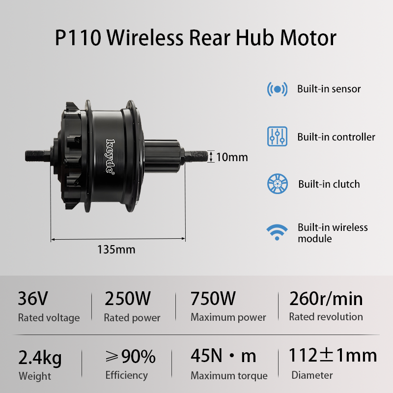 P110 Upgraded Wireless Rear Hub Motor, 36V 250W Electric Motor For Bike, 2.4Kg High Power Ebike Motor
