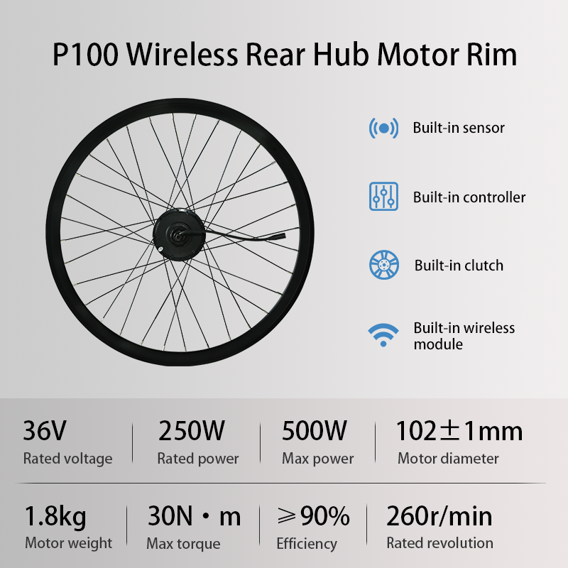 P100 Wireless Rear Rim Ebike Conversion Kit, 36V 250W High Power Electric Bike Conversion Kit