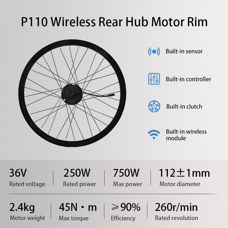 P110 Wireless Rear Rim Ebike Conversion Kit, 36V 250W High Power Electric Bike Conversion Kit