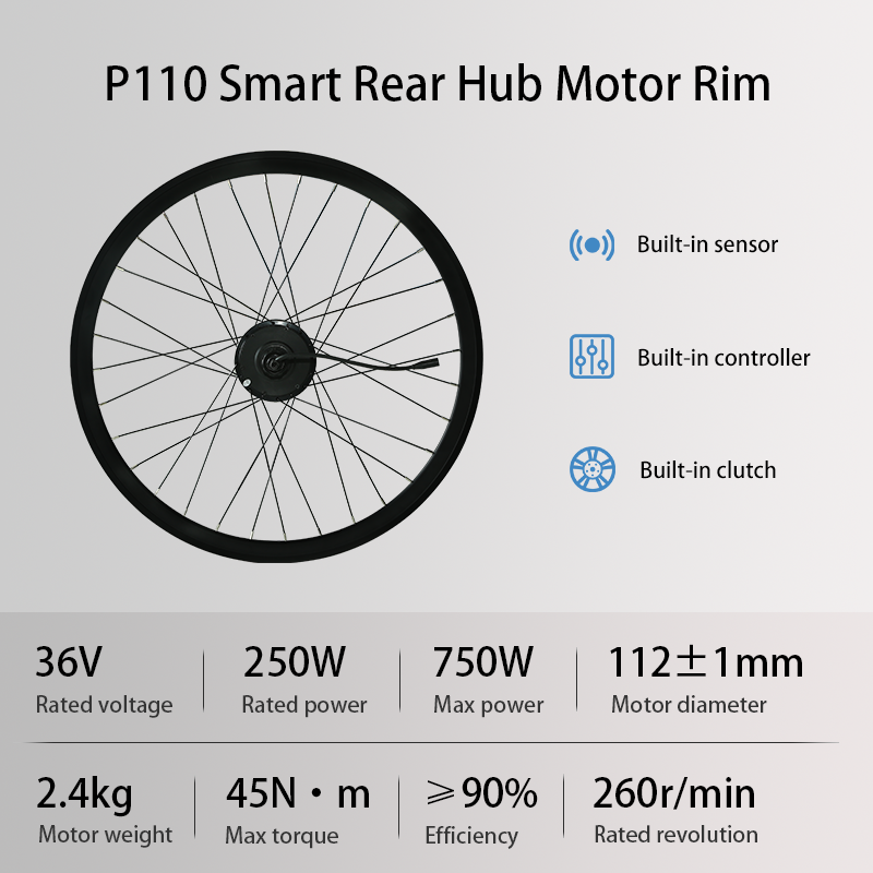 P110 Smart Rear Rim Ebike Conversion Kit, 36V 250W High Power Electric Bike Conversion Kit