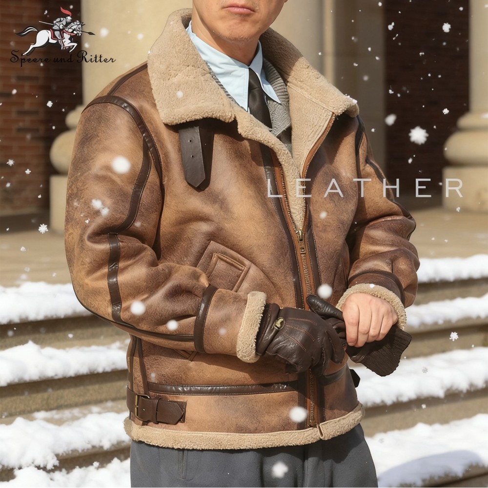 Notched Collar Leather and Shearling Coat