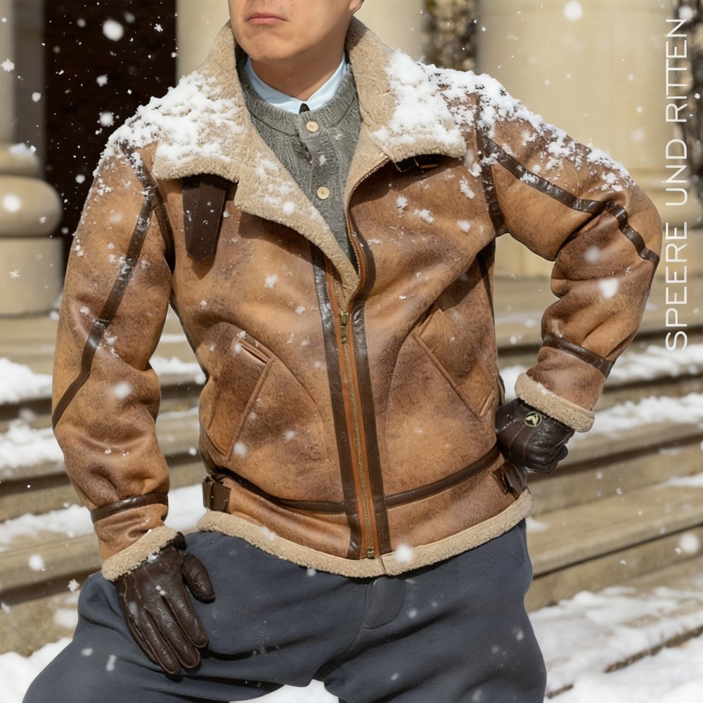 Notched Collar Leather and Shearling Coat