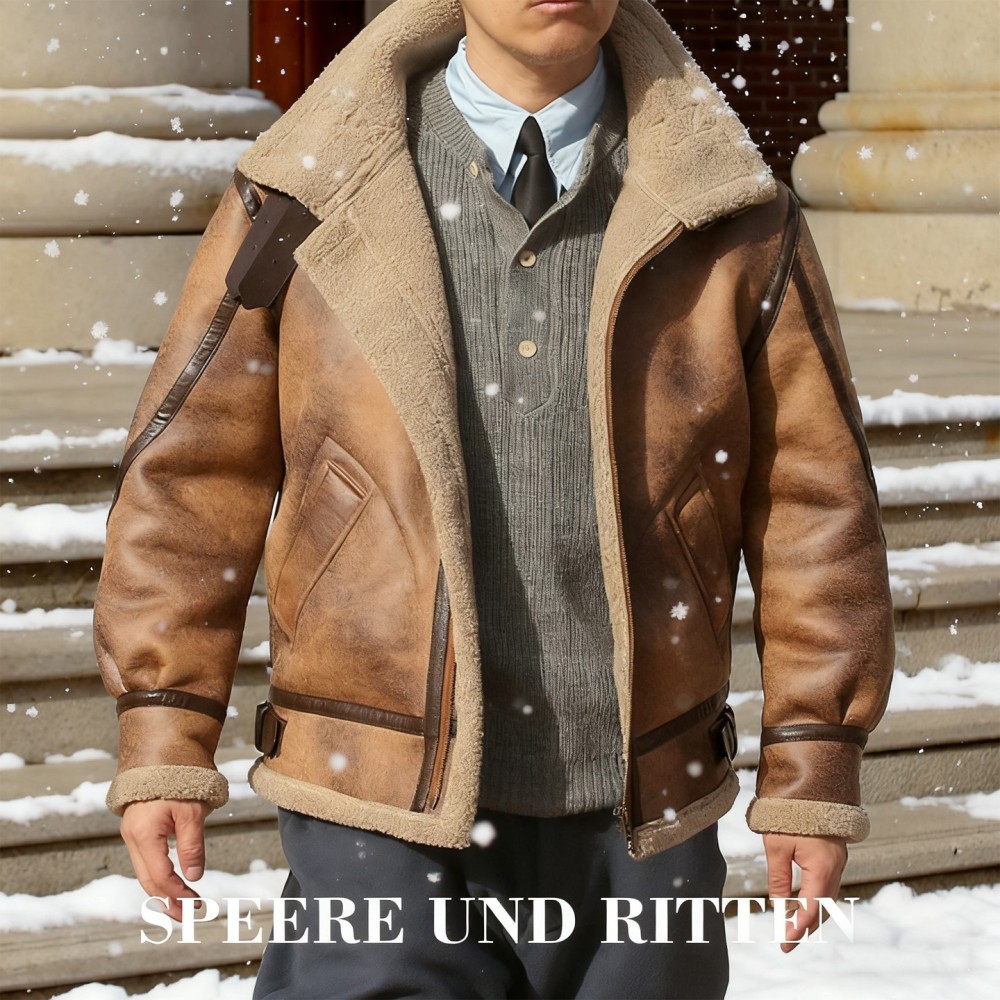 Notched Collar Leather and Shearling Coat